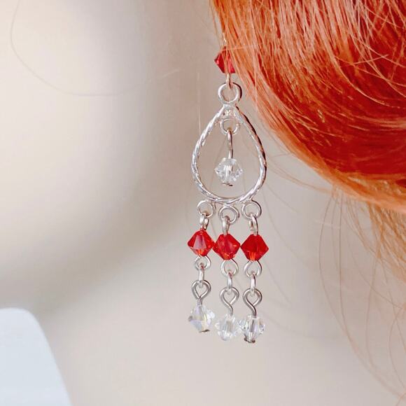 Vintage Artisan Sterling Silver Red Swarovski Crystal Dangle Earrings Handmade - Picture 2 of 13